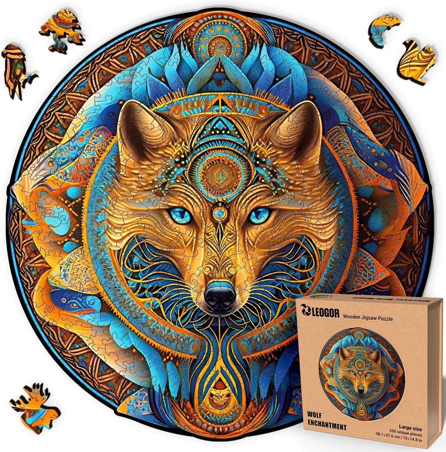 Wolf Enchantment - 350 Piece Wooden Puzzles for Adults - 15 x 14.8 in - Extra-Thick 5 mm Wood Puzzle, Hand-Shaped Pieces, Round Mosaic Design - Premium Gift for Puzzle Lovers by LEOGOR