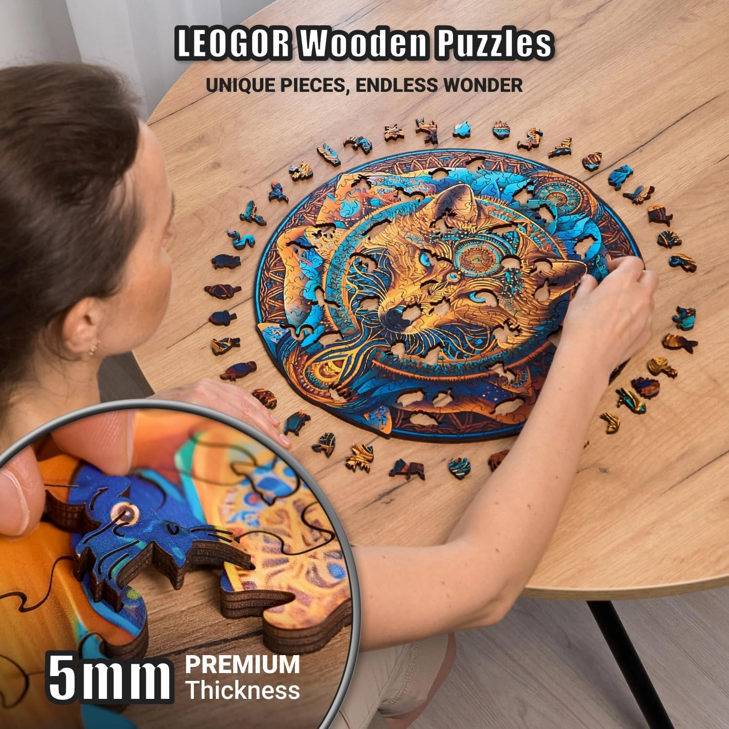 Wolf Enchantment - 350 Piece Wooden Puzzles for Adults - 15 x 14.8 in - Extra-Thick 5 mm Wood Puzzle, Hand-Shaped Pieces, Round Mosaic Design - Premium Gift for Puzzle Lovers by LEOGOR