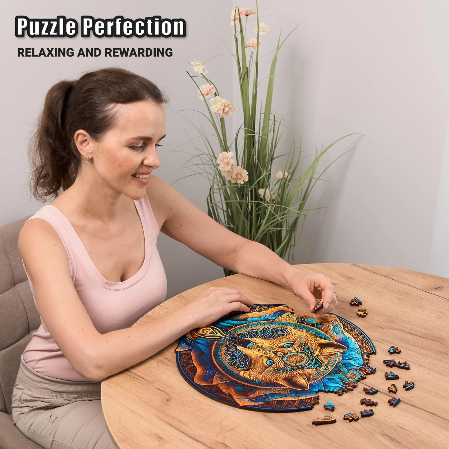 Wolf Enchantment - 350 Piece Wooden Puzzles for Adults - 15 x 14.8 in - Extra-Thick 5 mm Wood Puzzle, Hand-Shaped Pieces, Round Mosaic Design - Premium Gift for Puzzle Lovers by LEOGOR