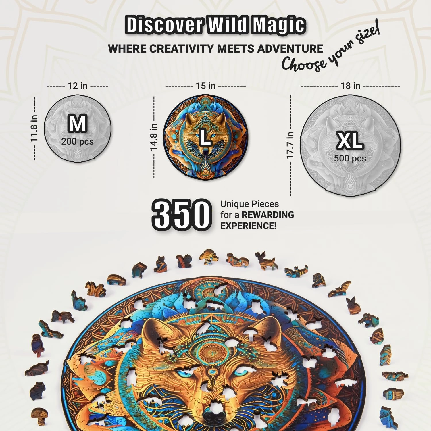 Wolf Enchantment - 350 Piece Wooden Puzzles for Adults - 15 x 14.8 in - Extra-Thick 5 mm Wood Puzzle, Hand-Shaped Pieces, Round Mosaic Design - Premium Gift for Puzzle Lovers by LEOGOR