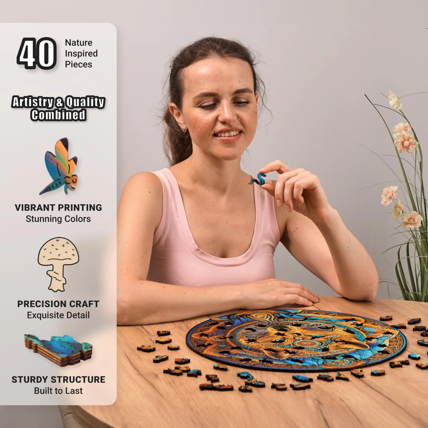 Wolf Enchantment - 350 Piece Wooden Puzzles for Adults - 15 x 14.8 in - Extra-Thick 5 mm Wood Puzzle, Hand-Shaped Pieces, Round Mosaic Design - Premium Gift for Puzzle Lovers by LEOGOR