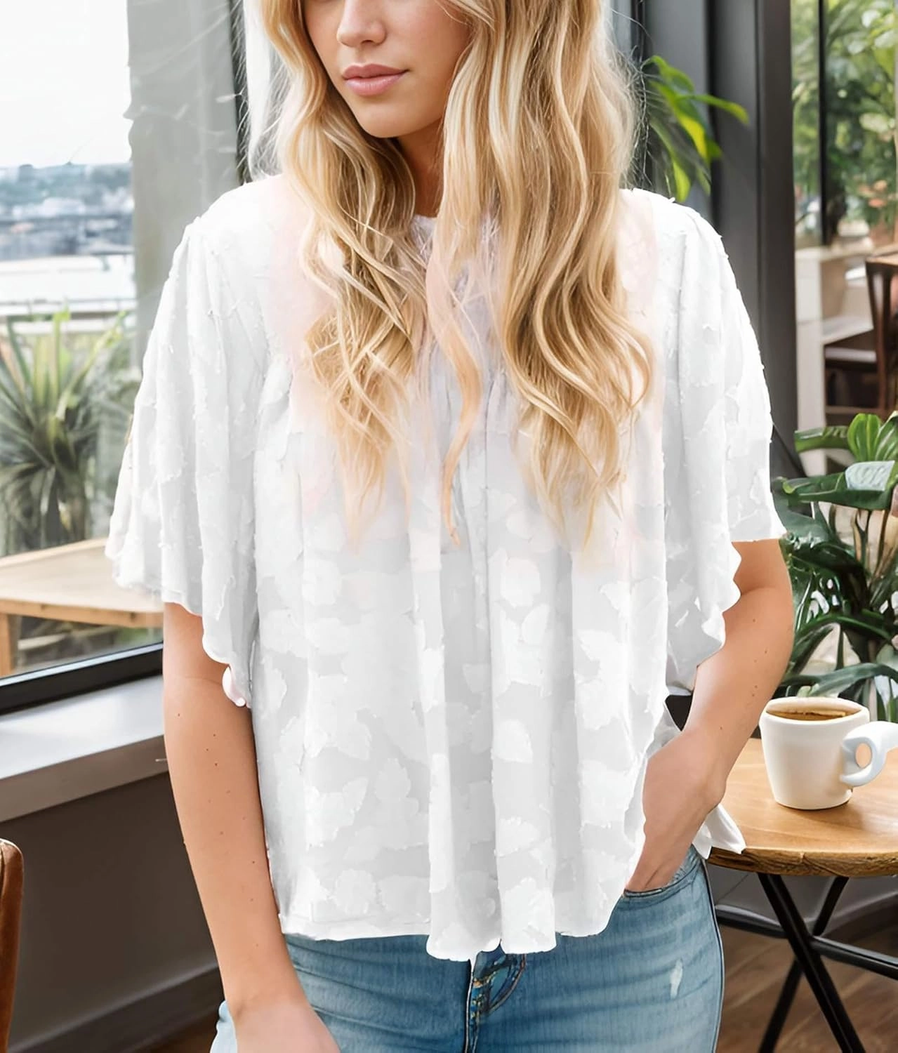 Women 3/4 Bell Sleeve Tops Boho Floral Blouses Crewneck Lace Babydoll Summer Shirts with Keyhole Back