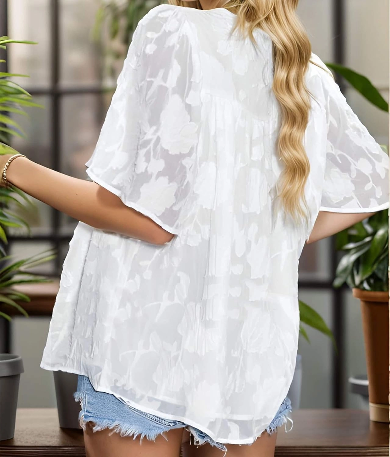 Women 3/4 Bell Sleeve Tops Boho Floral Blouses Crewneck Lace Babydoll Summer Shirts with Keyhole Back