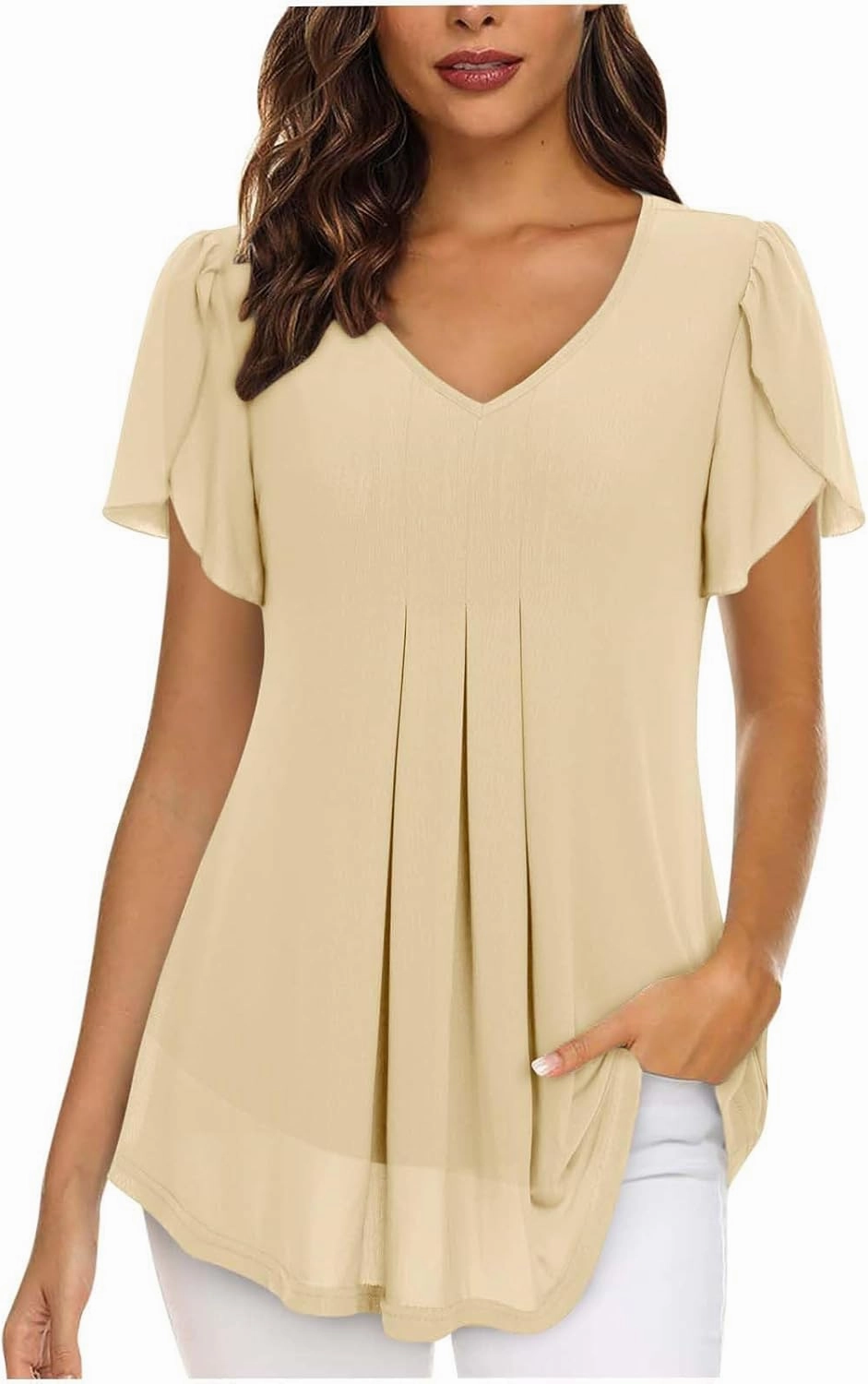 Womens Dressy Casual Tops Short Sleeve Shirts Layered Chiffon Blouse Summer Flowy Tunic TopsTuniques Pour Femme