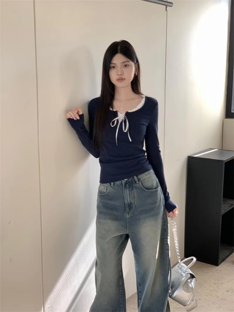 Womens Long Sleeve Lace Trim Shirts Coquette Bow Tie Front Vintage Ribbed Knit Y2k Shirts Top Fairy Grunge Clothes