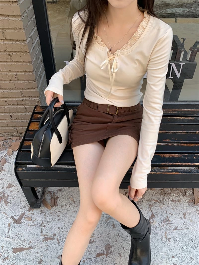 Womens Long Sleeve Lace Trim Shirts Coquette Bow Tie Front Vintage Ribbed Knit Y2k Shirts Top Fairy Grunge Clothes