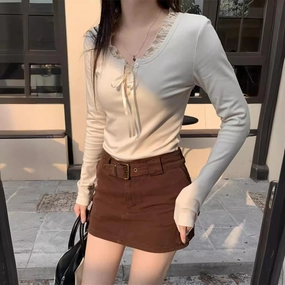 Womens Long Sleeve Lace Trim Shirts Coquette Bow Tie Front Vintage Ribbed Knit Y2k Shirts Top Fairy Grunge Clothes