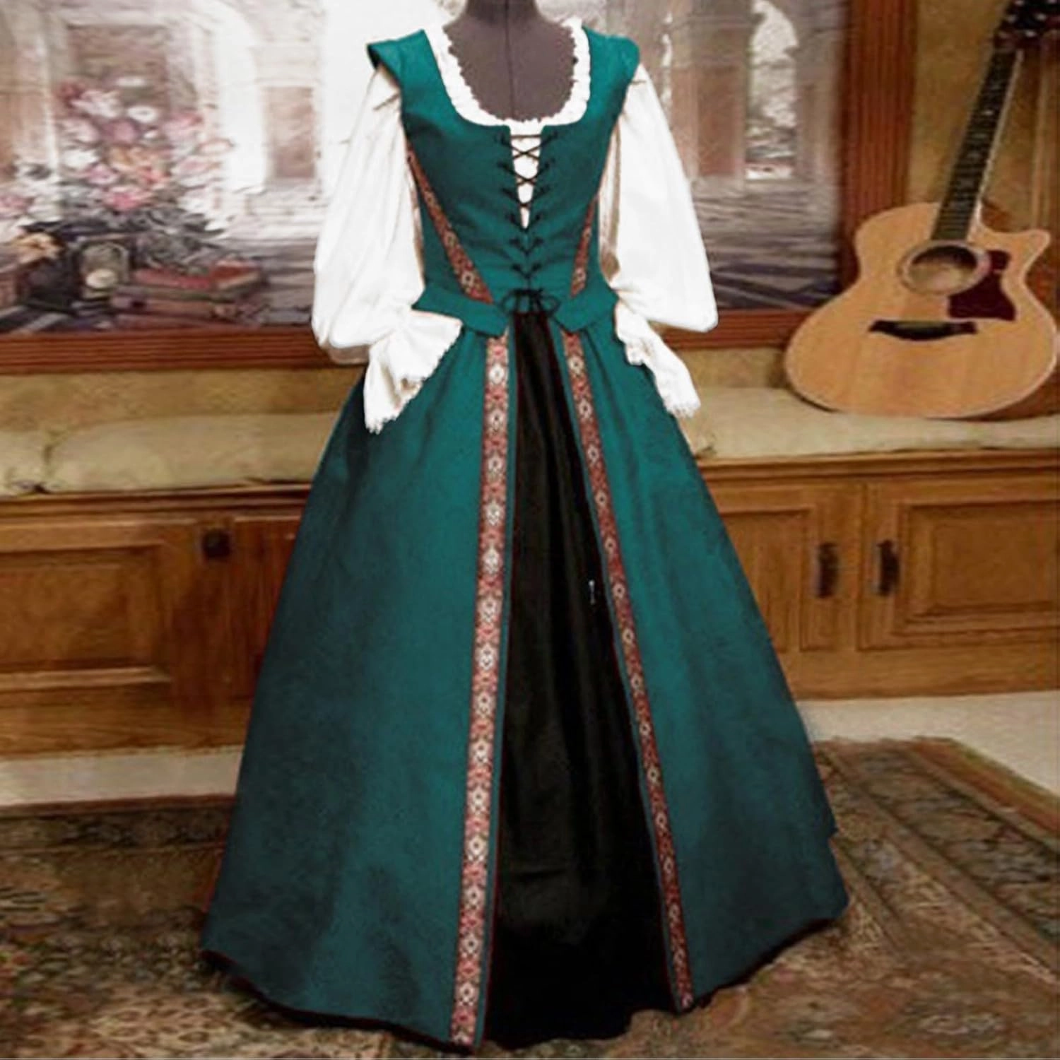 Womens Renaissance Dress 2023 Trendy Ruffle Bell Sleeve Square Neck Tie Up Dress Classic Vintage Victorian Dress