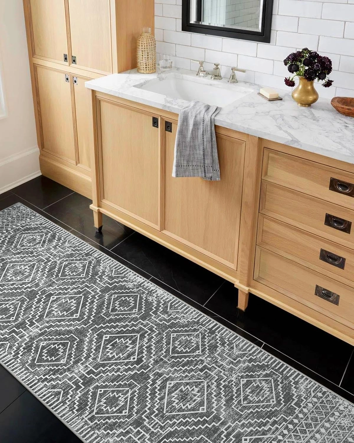 Wonnitar Moroccan Washable Kitchen Runner Rug 2'6"x8', Non-Slip Dark Grey Boho Rug Runners for Hallways, Farmhouse Floor Carpet Soft Runner for Bathroom Hall Entyway (Dark Grey,2'6"x8')