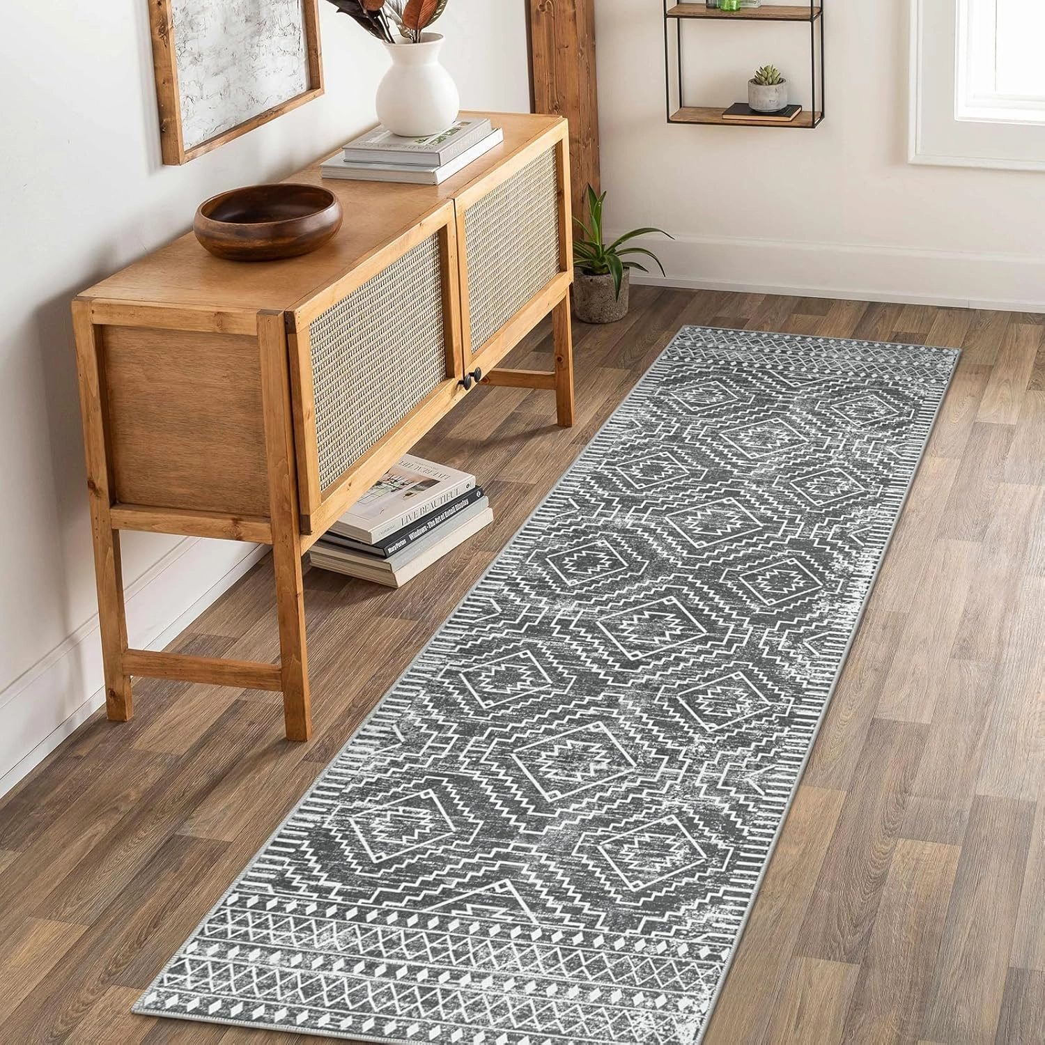 Wonnitar Moroccan Washable Kitchen Runner Rug 2'6"x8', Non-Slip Dark Grey Boho Rug Runners for Hallways, Farmhouse Floor Carpet Soft Runner for Bathroom Hall Entyway (Dark Grey,2'6"x8')