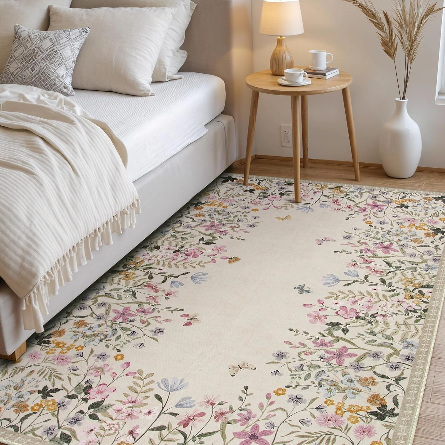 Wonnitar Washable 5x7 Rug for Living Room, Floral Print Large Bedroom Area Rug, Non-Slip Dining Table Throw Mat, Botanical Area Rug Carpet for Entry Basement Dorm (Beige,5'x7')