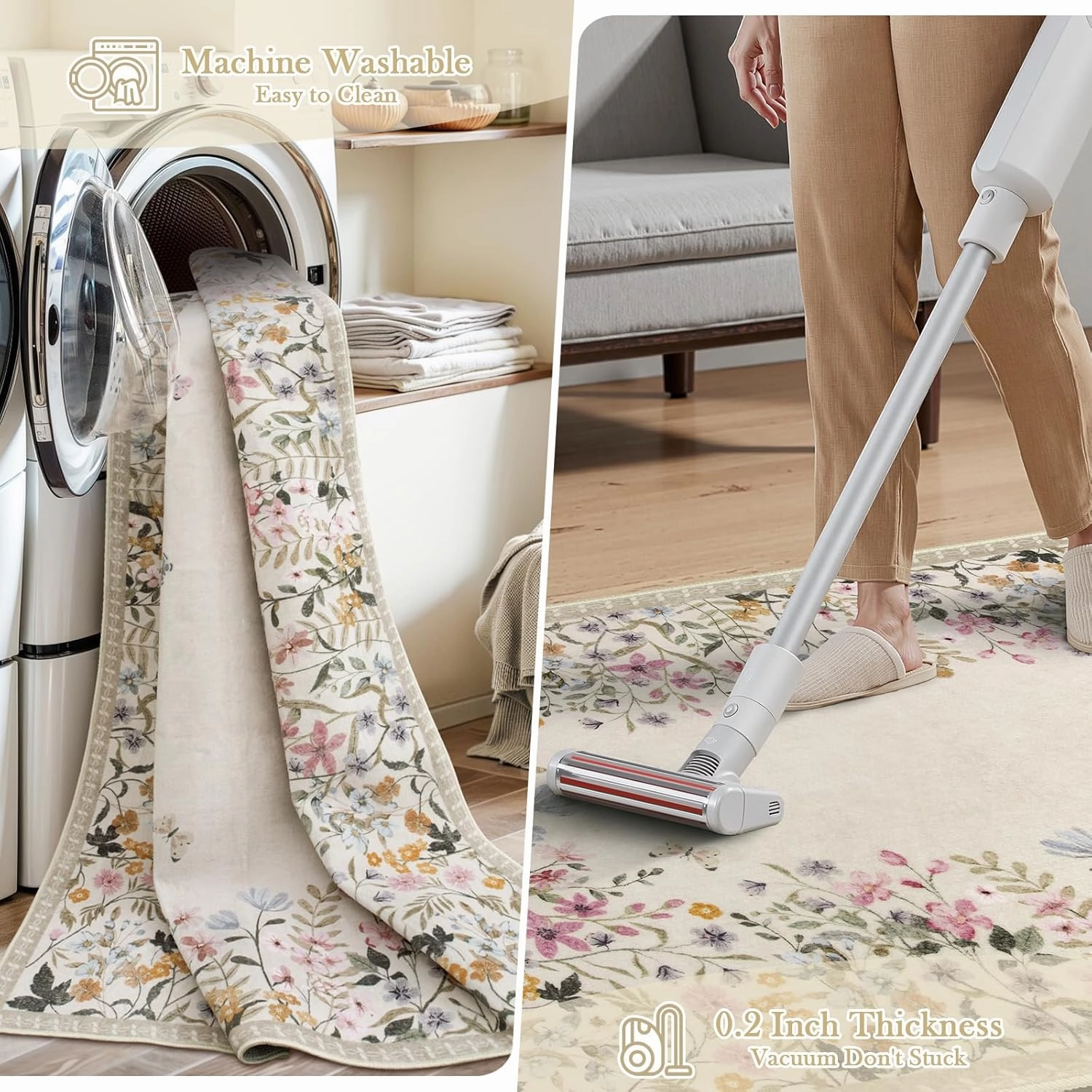 Wonnitar Washable 5x7 Rug for Living Room, Floral Print Large Bedroom Area Rug, Non-Slip Dining Table Throw Mat, Botanical Area Rug Carpet for Entry Basement Dorm (Beige,5'x7')