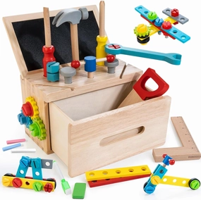 Wooden Tool Bench Set for Kids - 39-Piece Pretend Play Workbench with Dual-Use Doodle Board, Storage Drawer, and STEM Montessori Educational Toys for Boys and Girls Ages 3 