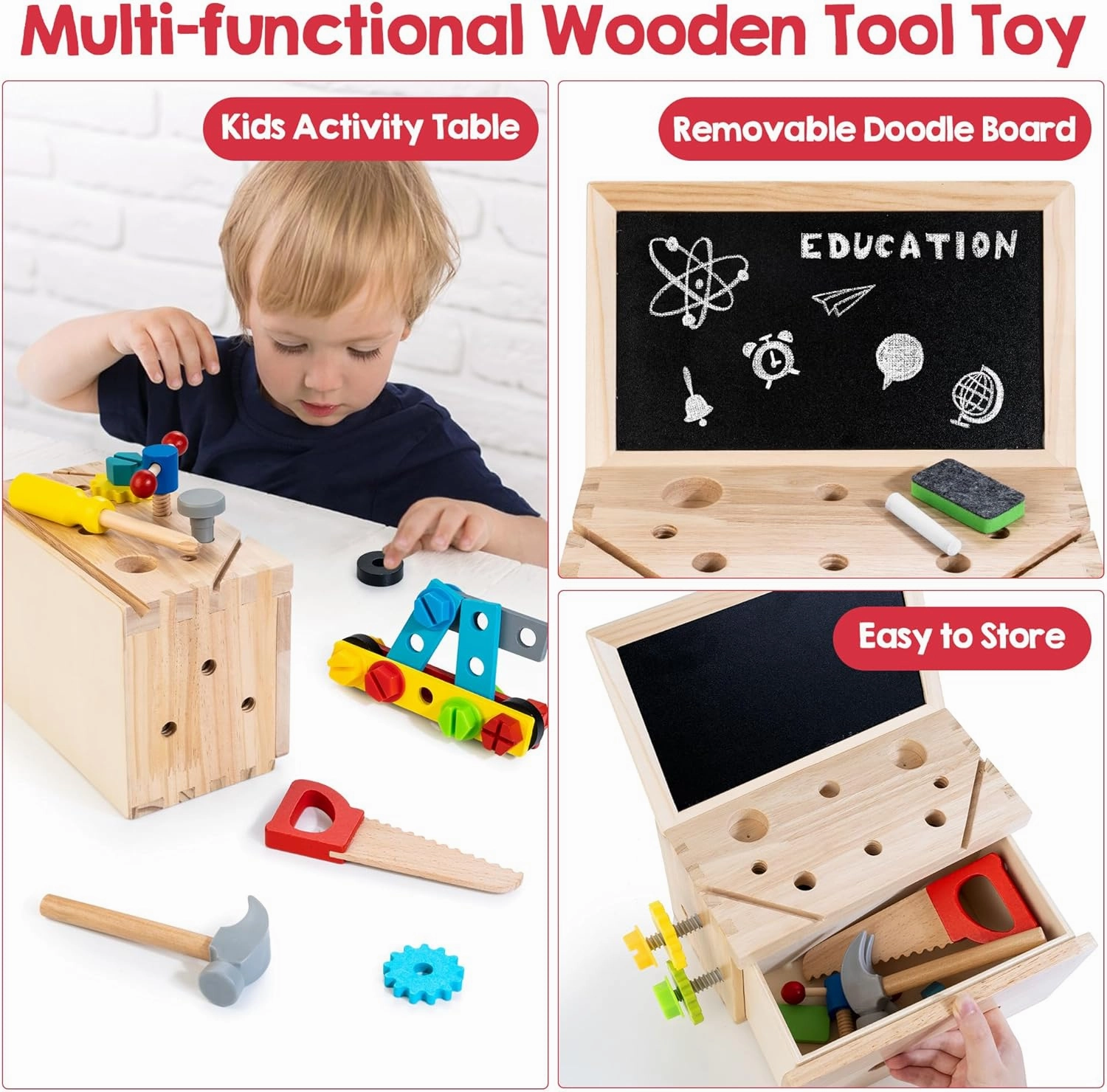 Wooden Tool Bench Set for Kids - 39-Piece Pretend Play Workbench with Dual-Use Doodle Board, Storage Drawer, and STEM Montessori Educational Toys for Boys and Girls Ages 3 