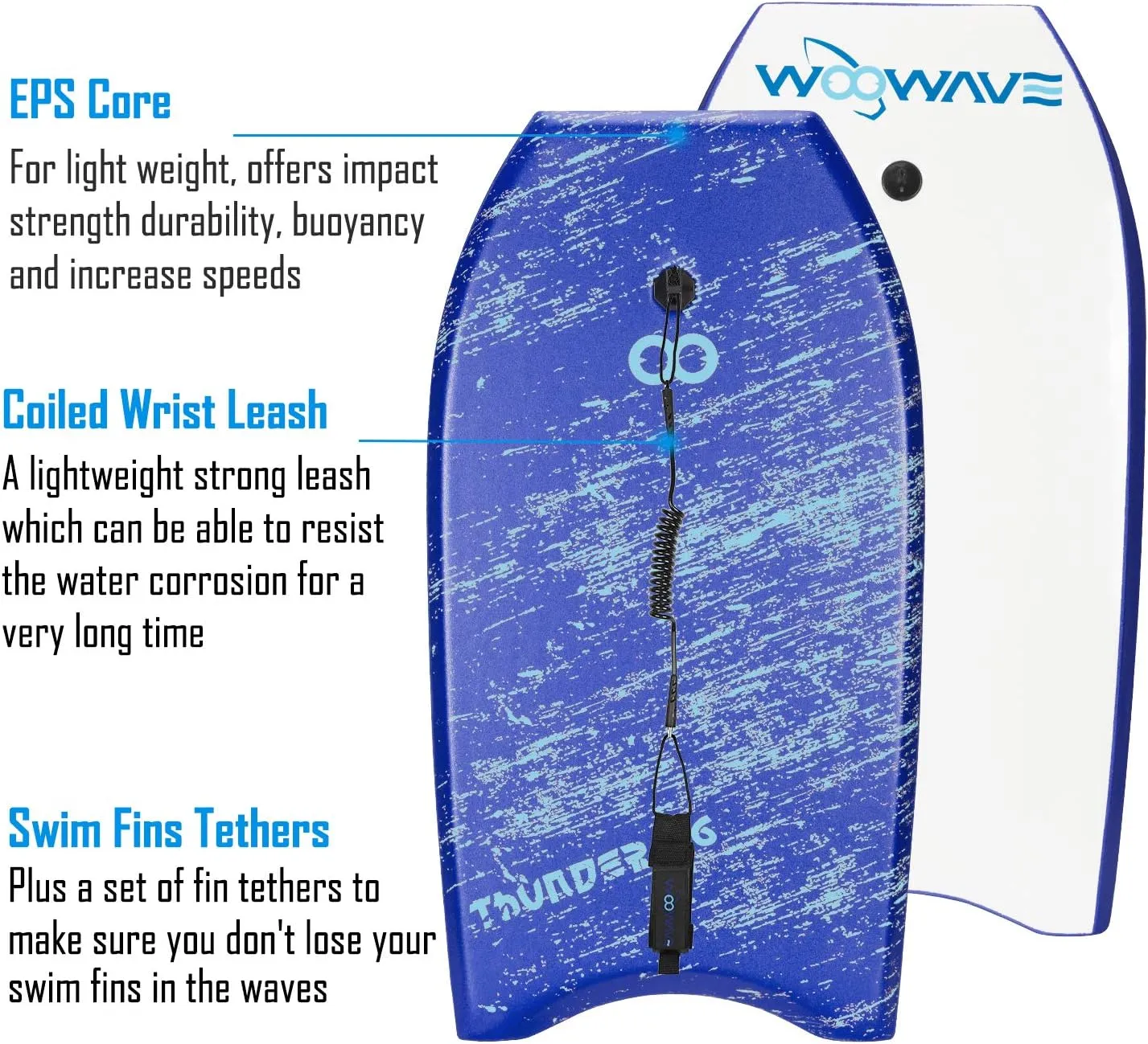 WOOWAVE Bodyboard 33-inch/36-inch/41-inch Super Lightweight Body Board with Coiled Wrist Leash, Swim Fin Tethers, EPS Core and Slick Bottom, Perfect Surfing for Kids Teens and Adults