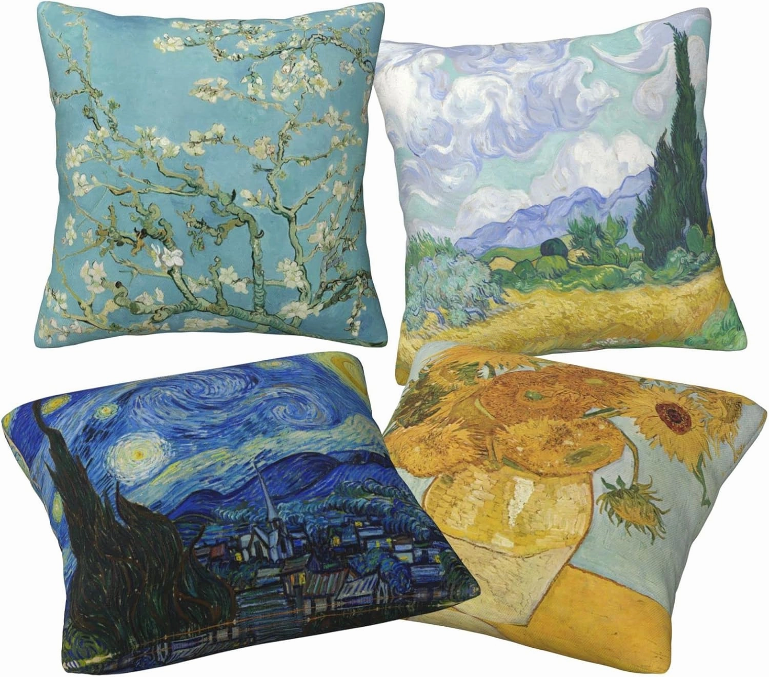 Worltoldb Vincent Van Gogh Wheat Field with Cypresses Throw Pillow Covers Set of 4 Decorative Soft Linen Fabric Square Boho Cushion Case for Room Bedroom Sofa Car 18 x 18 in