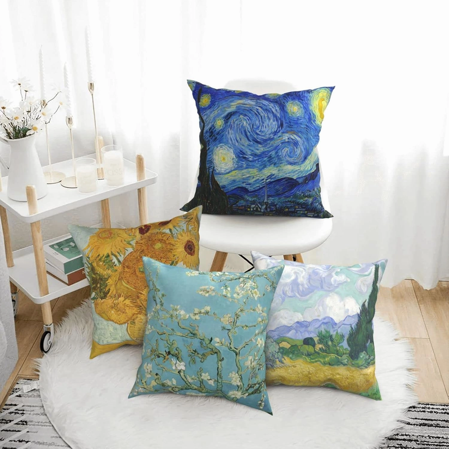Worltoldb Vincent Van Gogh Wheat Field with Cypresses Throw Pillow Covers Set of 4 Decorative Soft Linen Fabric Square Boho Cushion Case for Room Bedroom Sofa Car 18 x 18 in