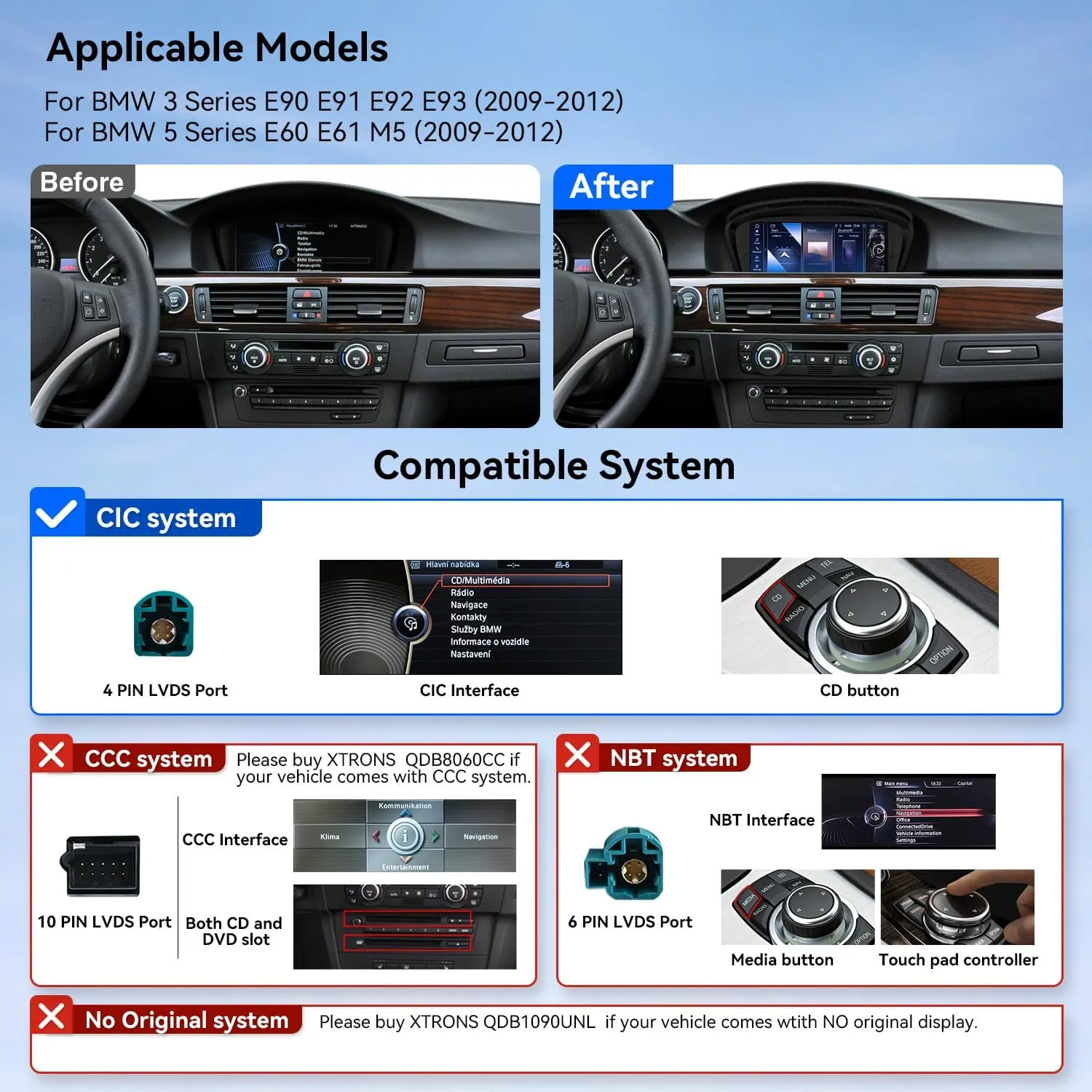 XTRONS 8.8 Inch Android 14 Car Stereo for BMW 3 Series E90-E93 / 5 Series E60 E61 M5 (2005-2008) CIC System, IPS Touch Screen 4 64GB Car Radio GPS Navigation Support Wireless CarPlay Android Auto