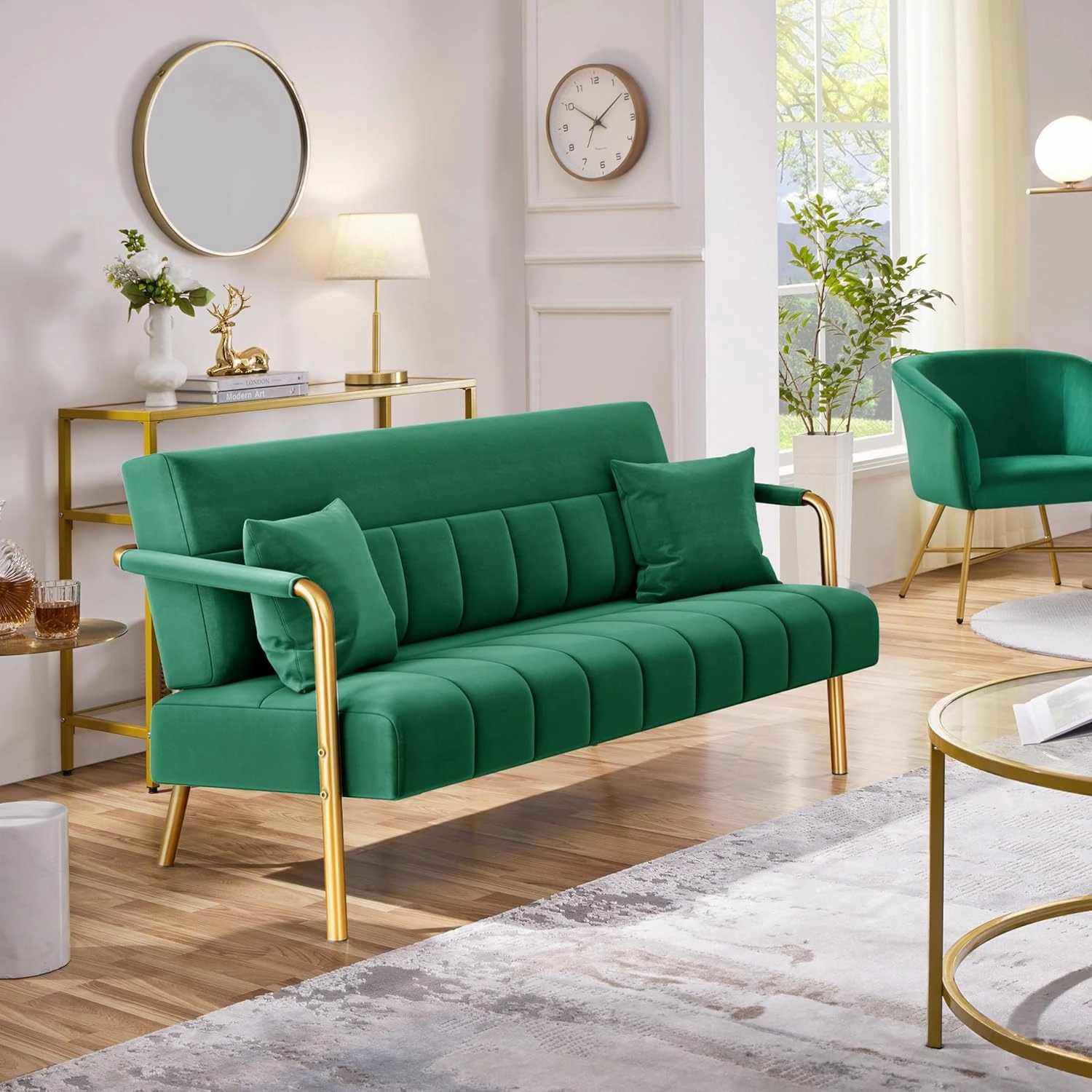 Yaheetech 56.5" W Modern Sofa Small Sofa Luxurious Velvet Fabric Couch with Gold-Tone Metal Arms and Legs for Living Room, Home Office, Studio Green