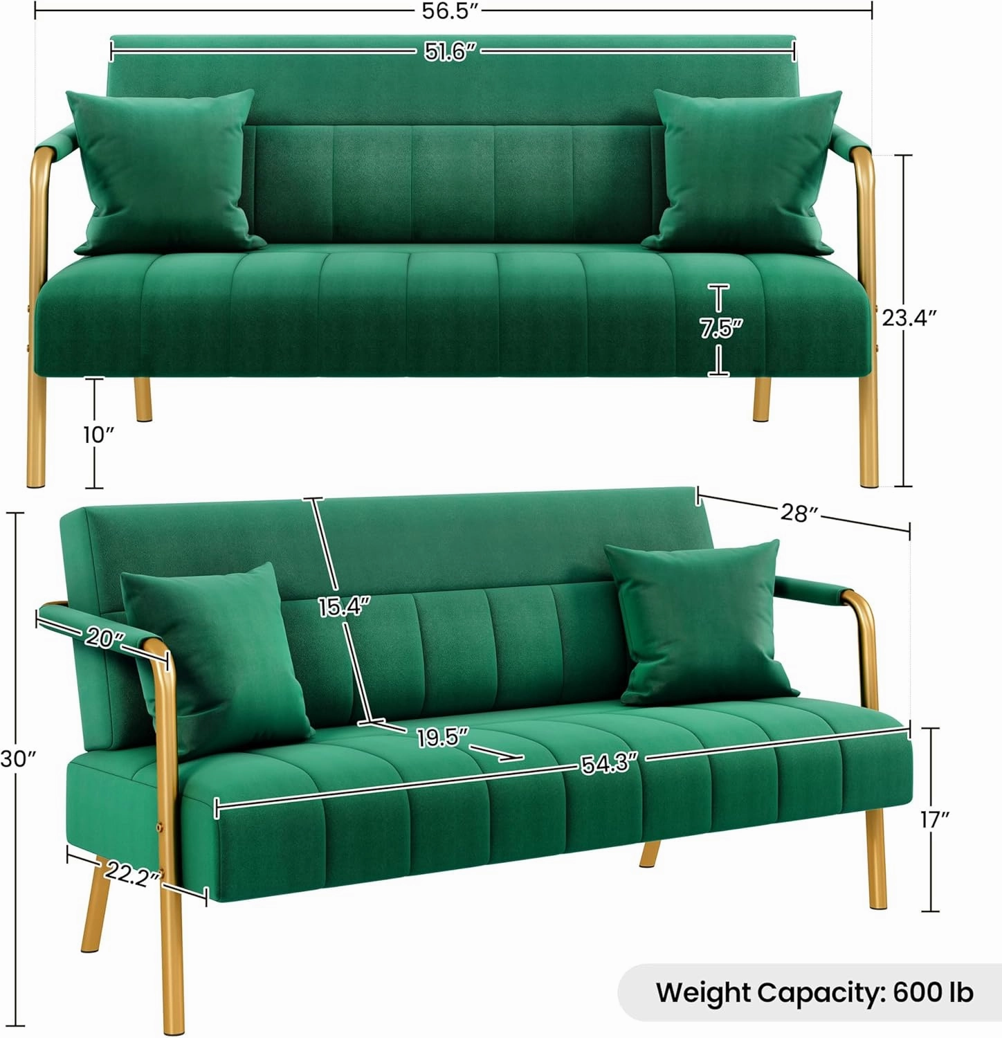 Yaheetech 56.5" W Modern Sofa Small Sofa Luxurious Velvet Fabric Couch with Gold-Tone Metal Arms and Legs for Living Room, Home Office, Studio Green