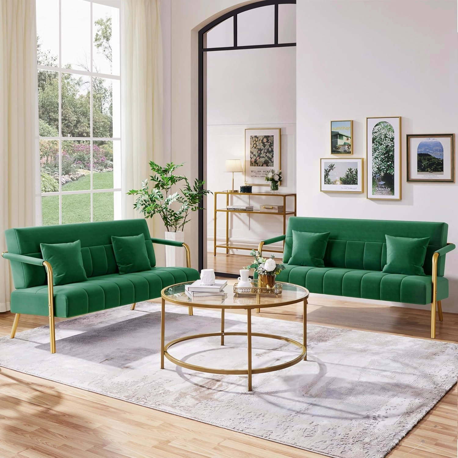 Yaheetech 56.5" W Modern Sofa Small Sofa Luxurious Velvet Fabric Couch with Gold-Tone Metal Arms and Legs for Living Room, Home Office, Studio Green