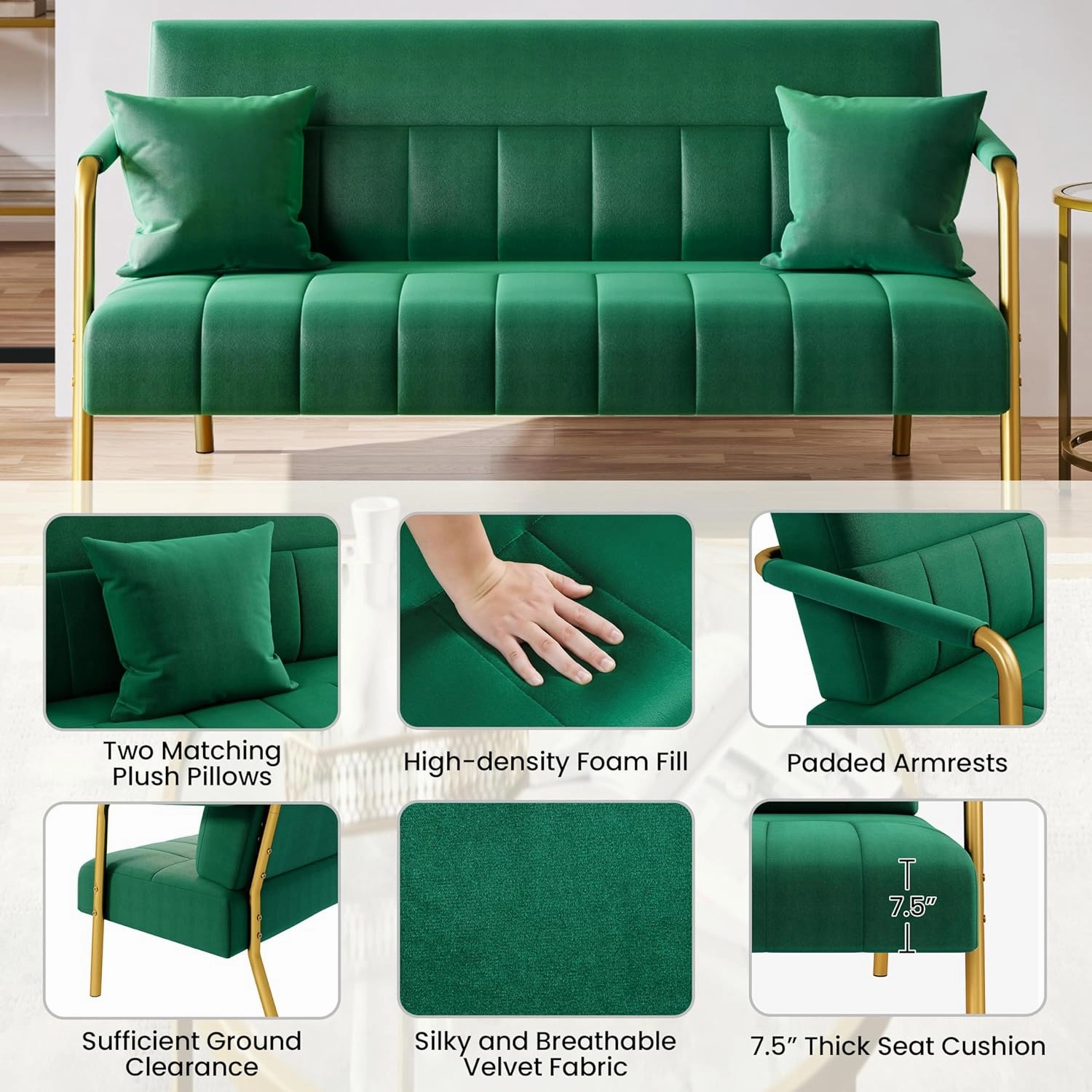 Yaheetech 56.5" W Modern Sofa Small Sofa Luxurious Velvet Fabric Couch with Gold-Tone Metal Arms and Legs for Living Room, Home Office, Studio Green