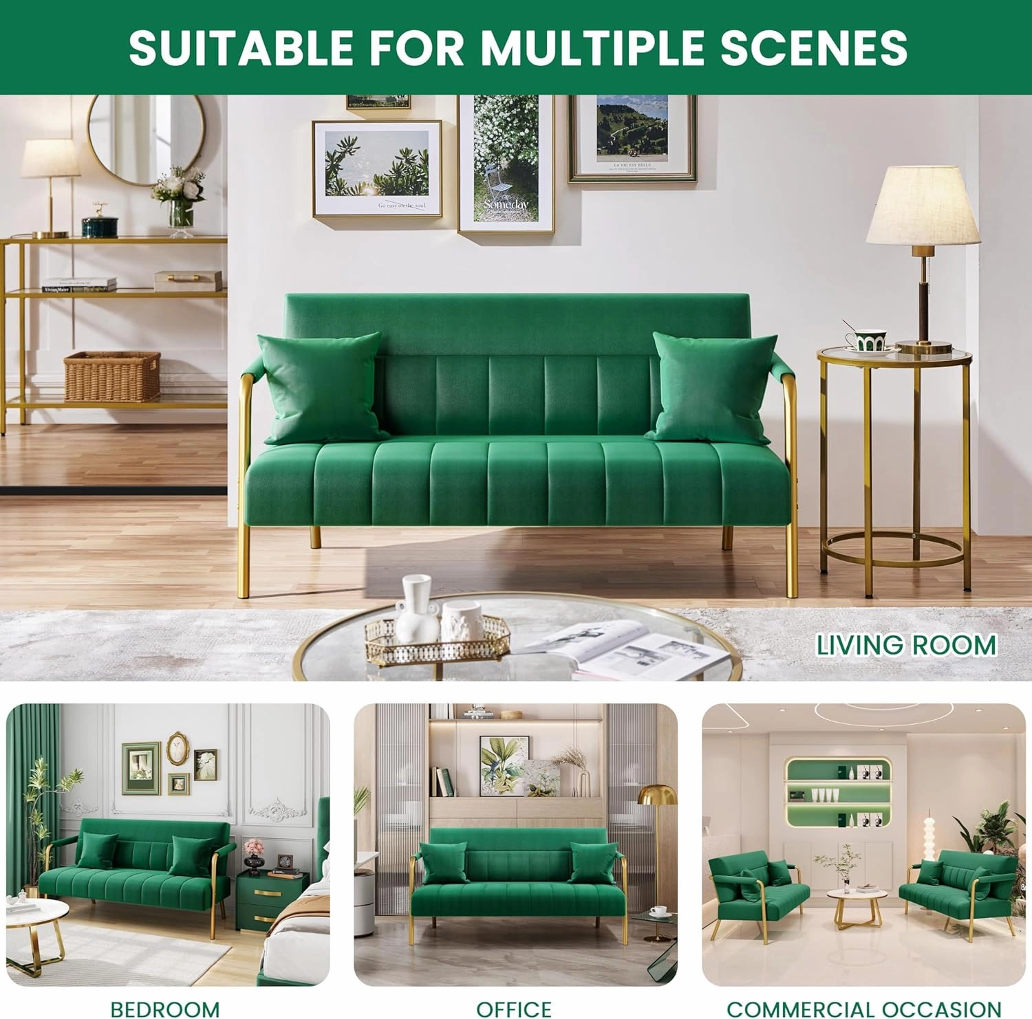 Yaheetech 56.5" W Modern Sofa Small Sofa Luxurious Velvet Fabric Couch with Gold-Tone Metal Arms and Legs for Living Room, Home Office, Studio Green