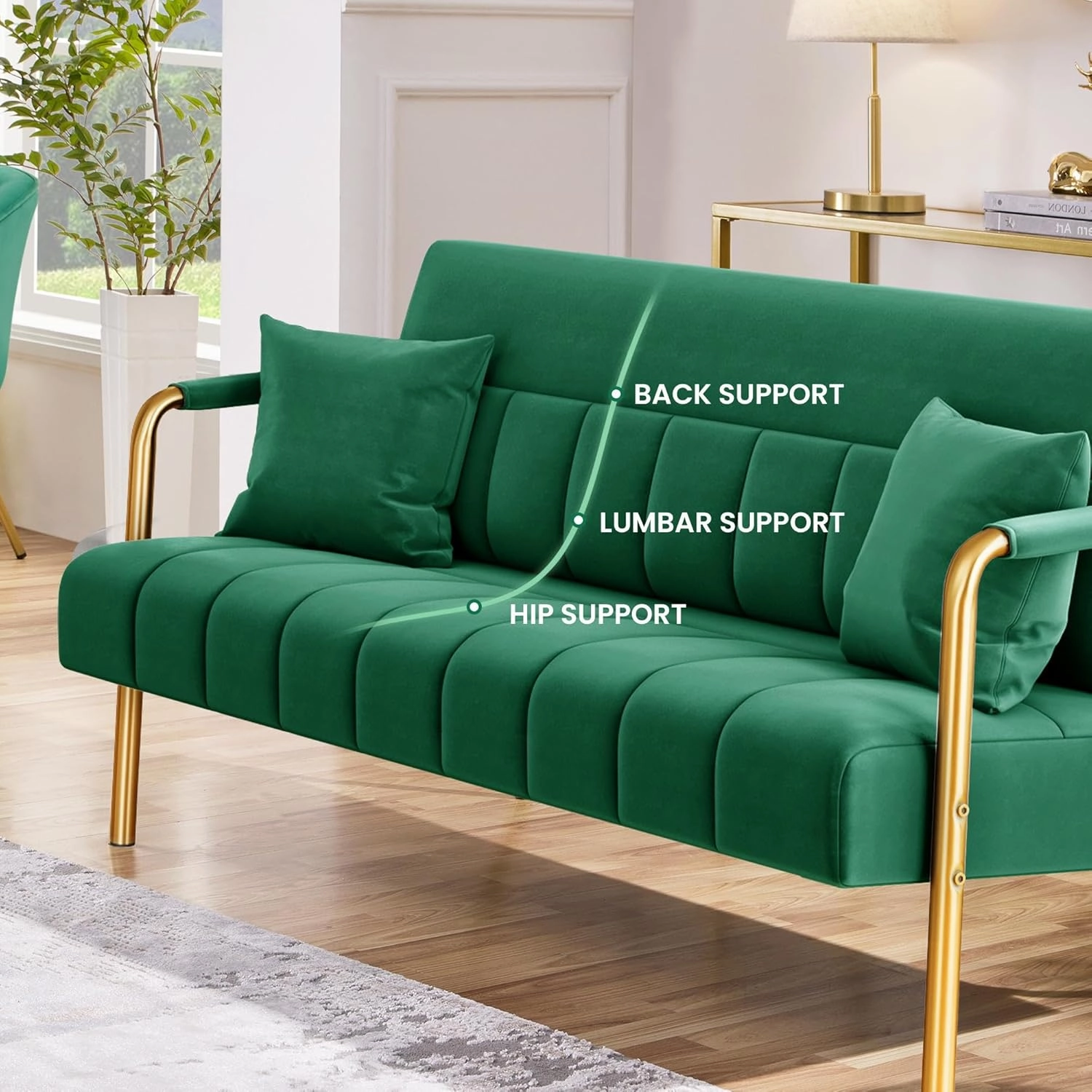 Yaheetech 56.5" W Modern Sofa Small Sofa Luxurious Velvet Fabric Couch with Gold-Tone Metal Arms and Legs for Living Room, Home Office, Studio Green