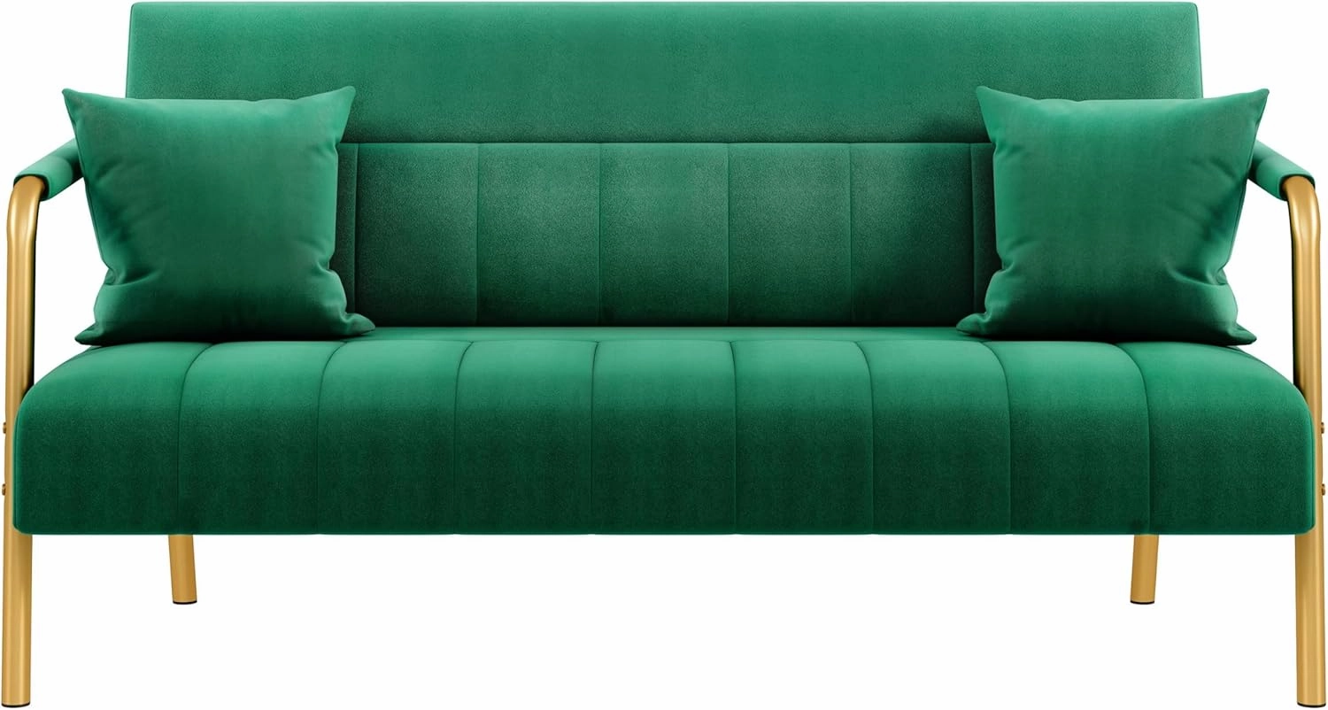 Yaheetech 56.5" W Modern Sofa Small Sofa Luxurious Velvet Fabric Couch with Gold-Tone Metal Arms and Legs for Living Room, Home Office, Studio Green