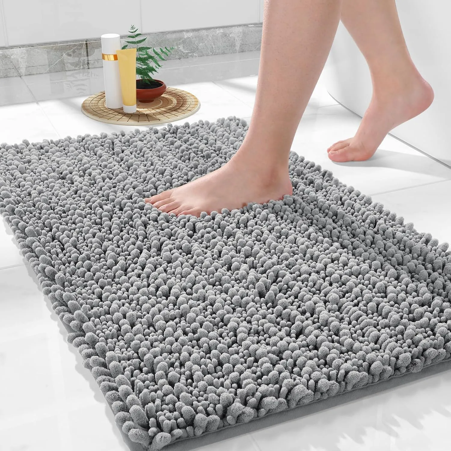 Yimobra Bath Rug Mat, 32 x 20, Soft Shaggy Non-Slip Chenille Bathroom Rugs, Large Size, Super Absorbent and Thick, Machine Washable Bathroom mat, Tub and Shower, Home Decor Accessories, Grey