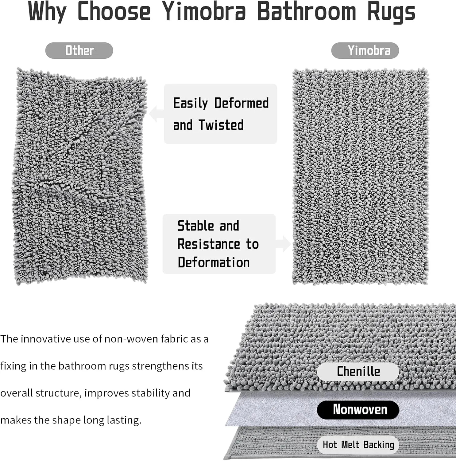 Yimobra Bath Rug Mat, 32 x 20, Soft Shaggy Non-Slip Chenille Bathroom Rugs, Large Size, Super Absorbent and Thick, Machine Washable Bathroom mat, Tub and Shower, Home Decor Accessories, Grey