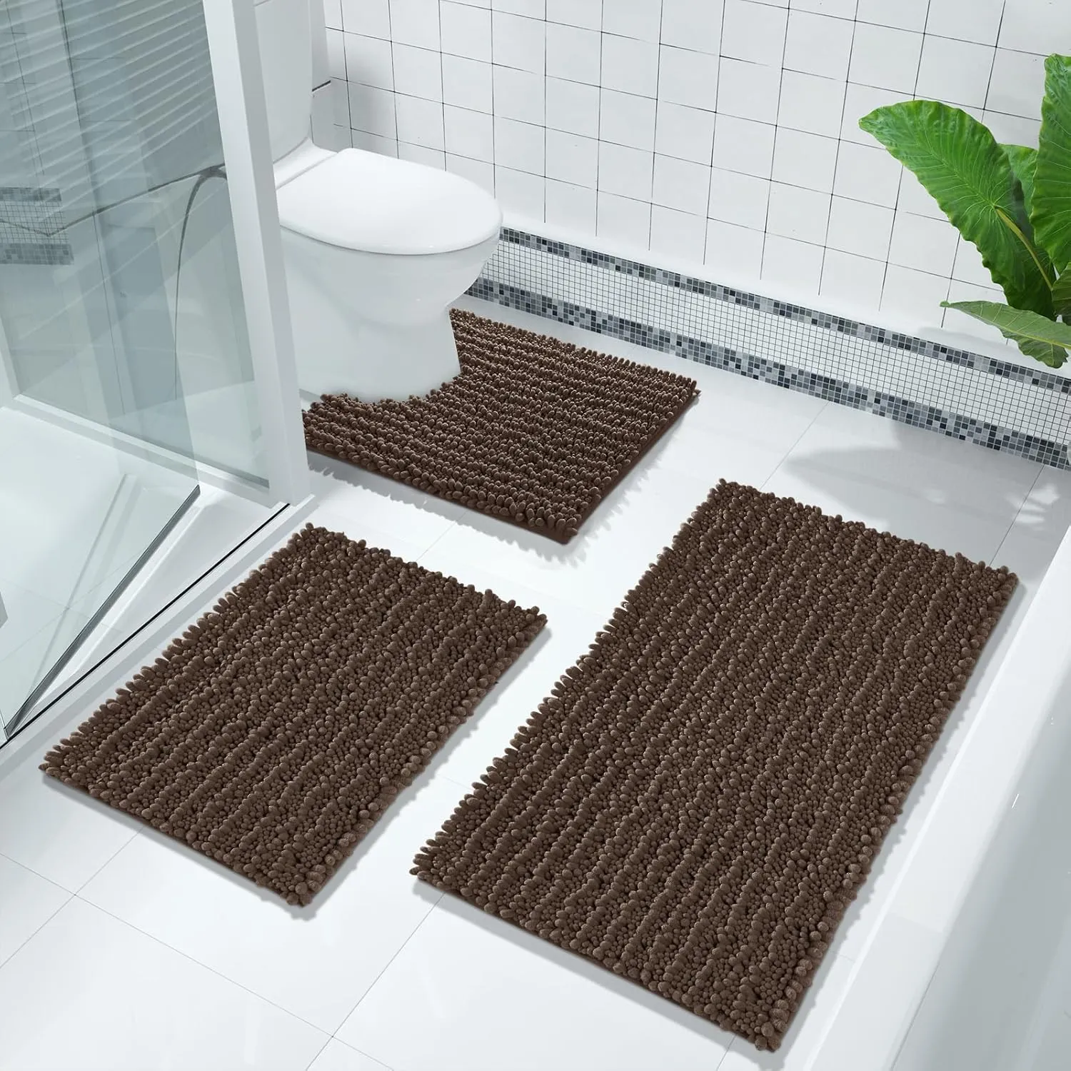 Yimobra Bathroom Rug Mat 24 x 17, Extra Soft Non Slip Absorbent Water Bath Rug, Quick Dry Machine Washable Chenille Shaggy Shower Mat, Bath Mat for Bathroom Floor, Home Decor Accessories, Brown