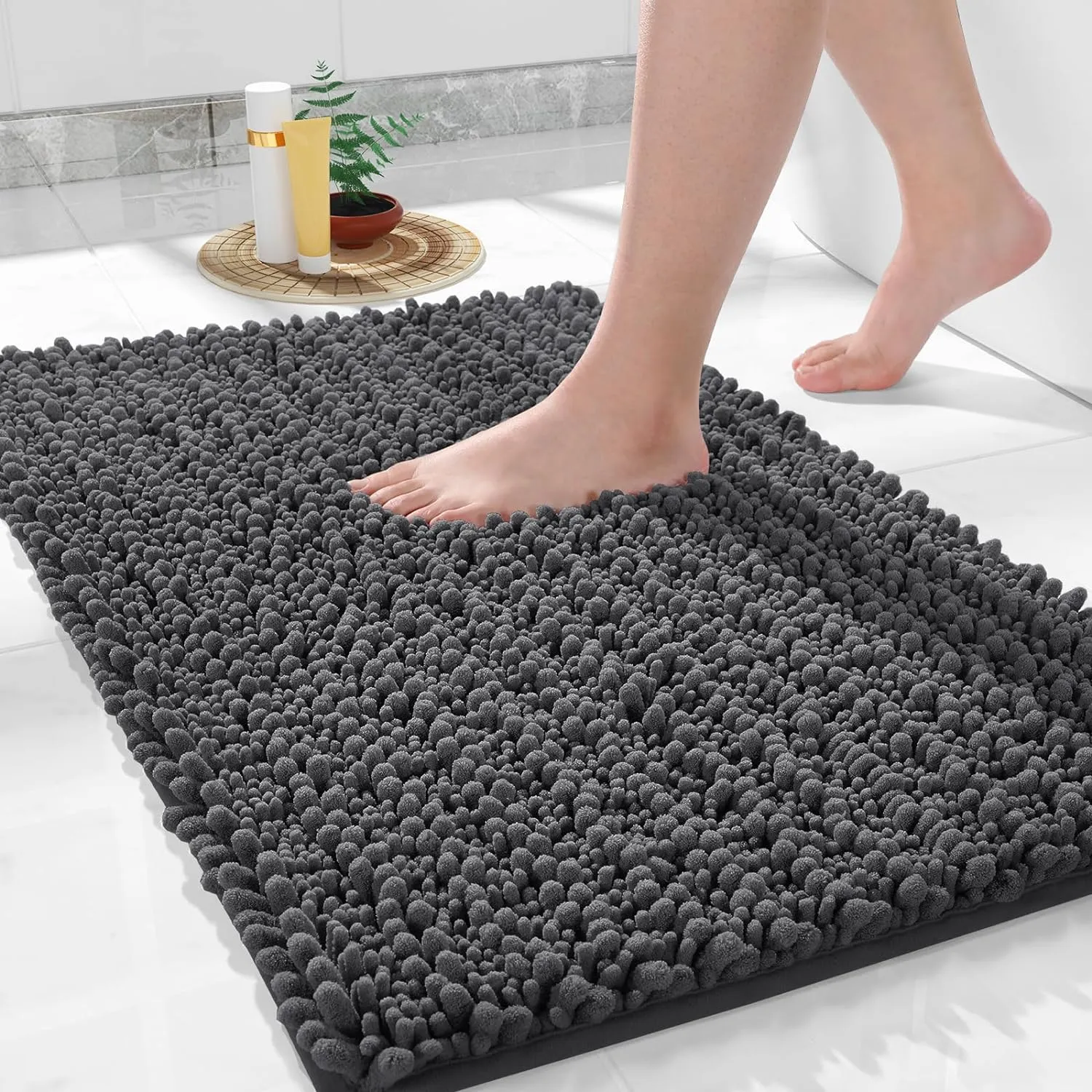 Yimobra Bathroom Rug Mat 24 x 17, Extra Soft Non Slip Absorbent Water Bath Rug, Quick Dry Machine Washable Chenille Shaggy Shower Mat, Bath Mat for Bathroom Floor, Home Decor Accessories, Dark Gray