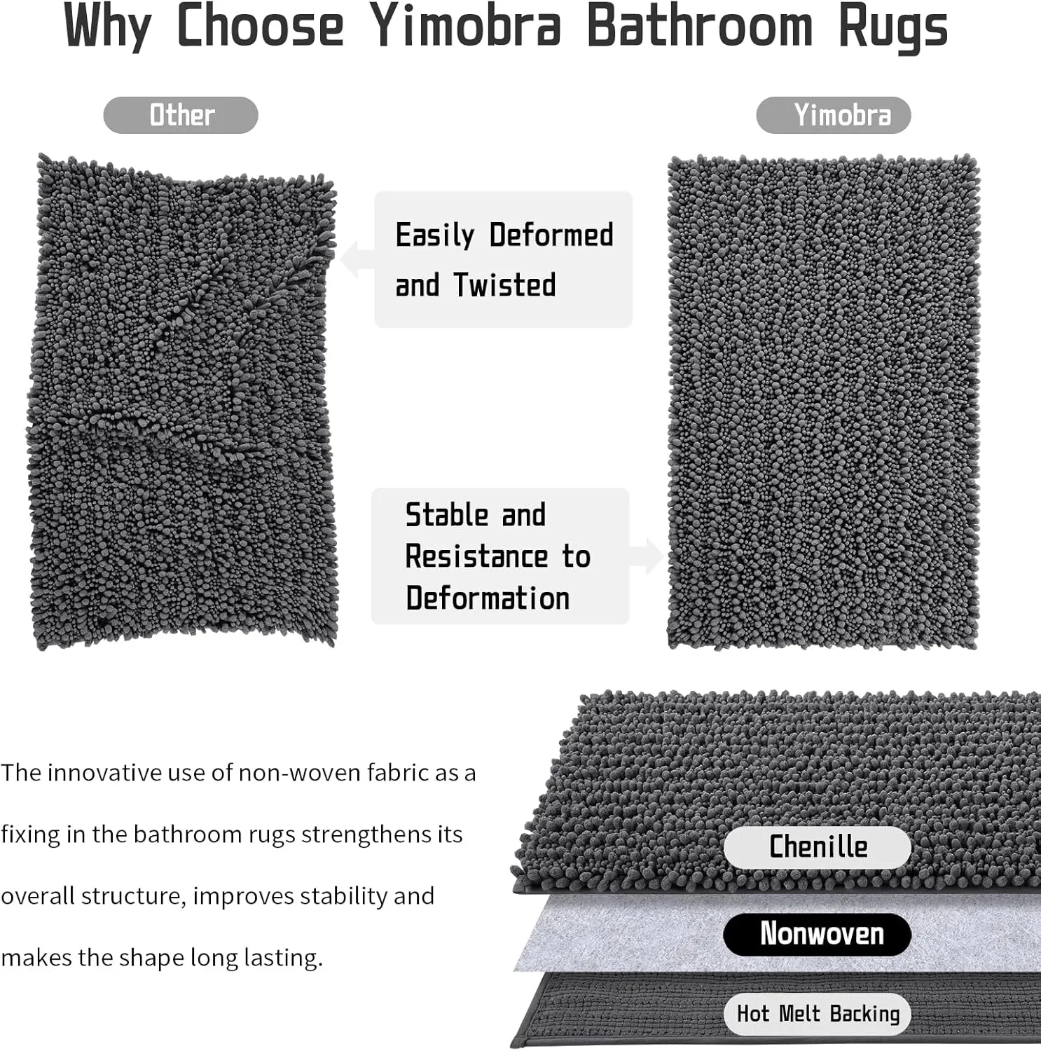 Yimobra Bathroom Rug Mat 24 x 17, Extra Soft Non Slip Absorbent Water Bath Rug, Quick Dry Machine Washable Chenille Shaggy Shower Mat, Bath Mat for Bathroom Floor, Home Decor Accessories, Dark Gray