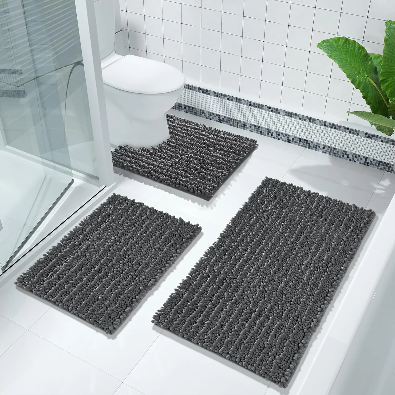 Yimobra Bathroom Rug Mat 24 x 17, Extra Soft Non Slip Absorbent Water Bath Rug, Quick Dry Machine Washable Chenille Shaggy Shower Mat, Bath Mat for Bathroom Floor, Home Decor Accessories, Dark Gray