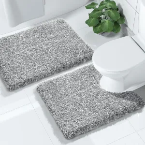 Yimobra Fluffy Bathroom Rugs Sets 2 Piece, Shaggy Toilet Rug U Shaped, Soft Non Slip Bath Mat,Thick Plush Shower Rug,Water Absorbent,Machine Washable,24x17 24x20 Inches, Light Gray and White