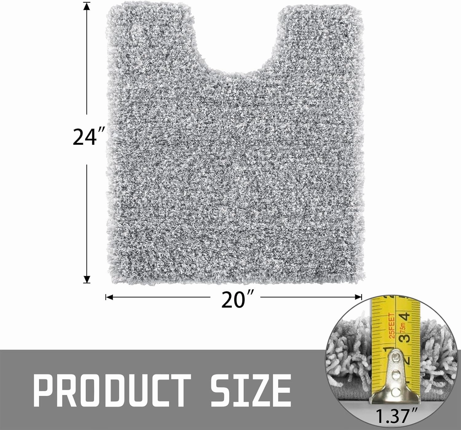 Yimobra Toilet Rugs U Shaped Washable 24x20, Ultra Soft and Water Absorbent Bath Mats, Non Slip Fluffy Shaggy Luxury Microfiber Contour Bath Rugs for Toilet, Dry Quick, Light Gray and White