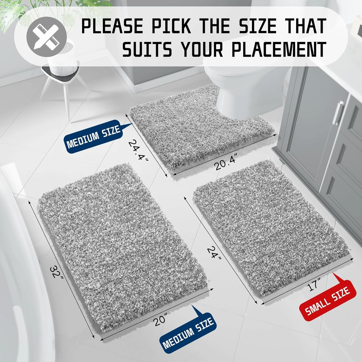 Yimobra Toilet Rugs U Shaped Washable 24x20, Ultra Soft and Water Absorbent Bath Mats, Non Slip Fluffy Shaggy Luxury Microfiber Contour Bath Rugs for Toilet, Dry Quick, Light Gray and White