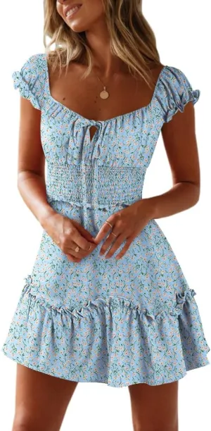 YOBECHO Womens Summer Ruffle Sleeve Sweetheart Neckline Printing Dress Mini Dresses
