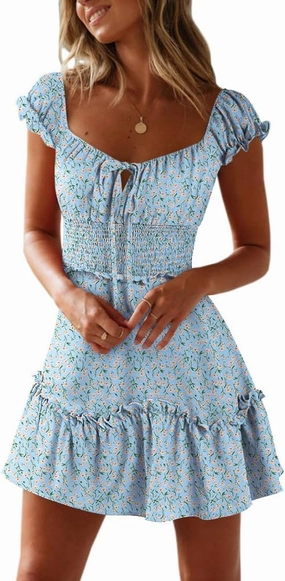 YOBECHO Womens Summer Ruffle Sleeve Sweetheart Neckline Printing Dress Mini Dresses