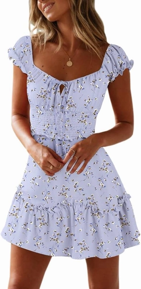 YOBECHO Womens Summer Ruffle Sleeve Sweetheart Neckline Printing Dress Mini Dresses