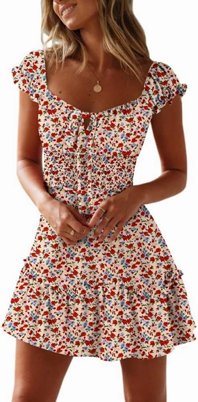 YOBECHO Womens Summer Ruffle Sleeve Sweetheart Neckline Printing Dress Mini Dresses