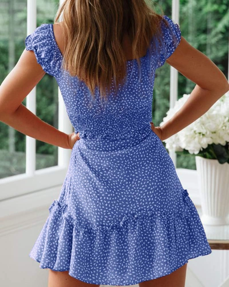 YOBECHO Womens Summer Ruffle Sleeve Sweetheart Neckline Printing Dress Mini Dresses