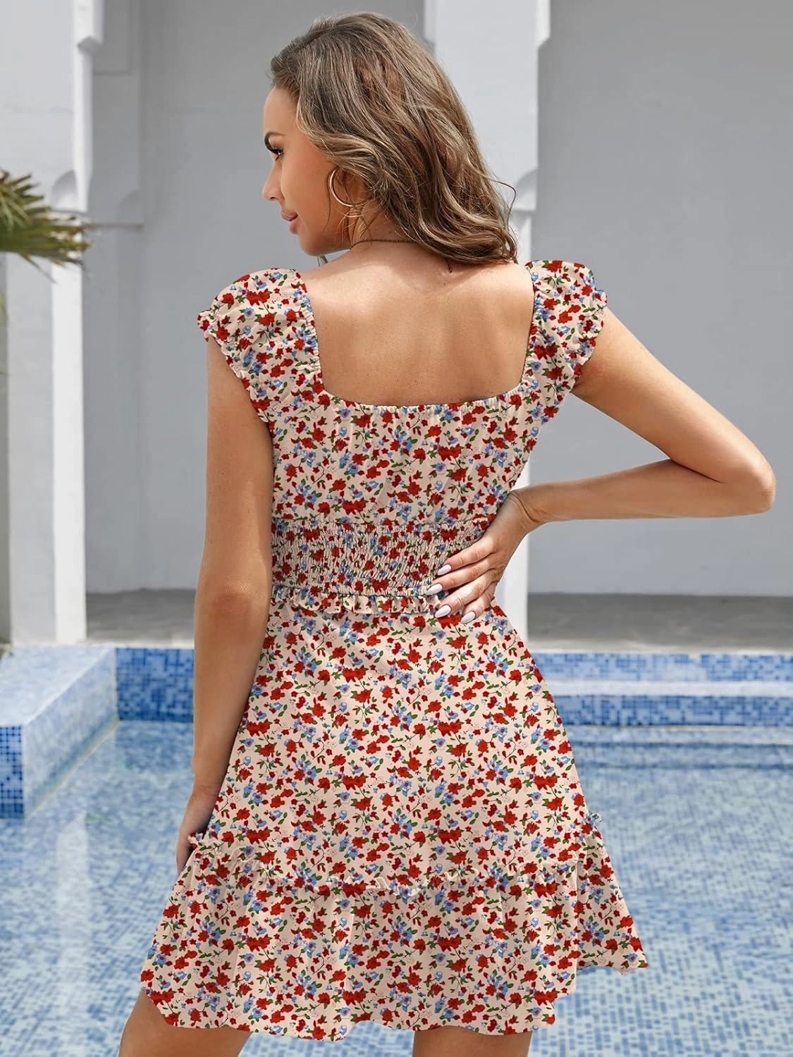 YOBECHO Womens Summer Ruffle Sleeve Sweetheart Neckline Printing Dress Mini Dresses