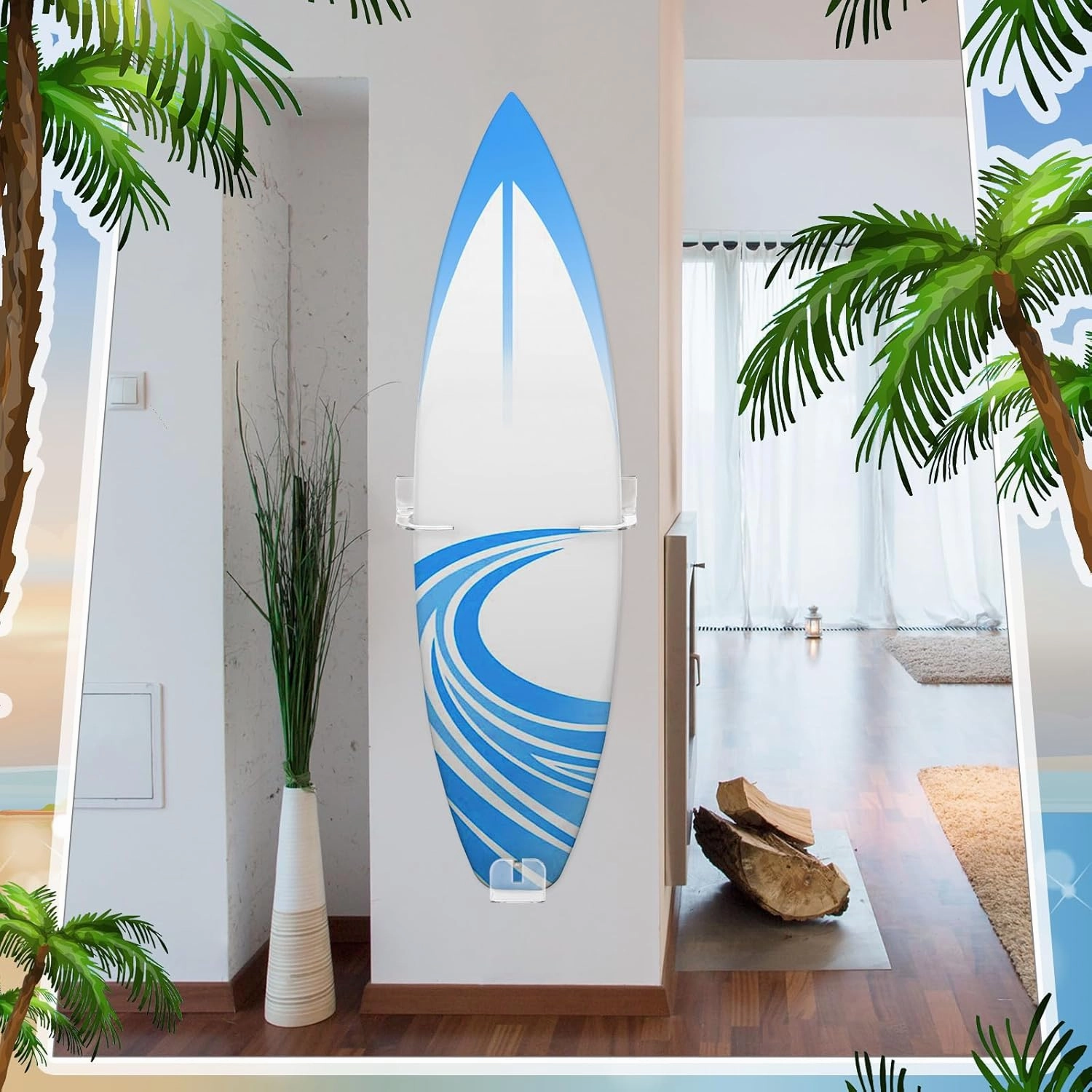 Yousoontic Surfboard Wall Mount Clear Acrylic Surf Board Display Indoor Wall Decor Vertical Surfboard Rack for Shortboards Fish Boards,and Funboards,Holds 50 Lbs