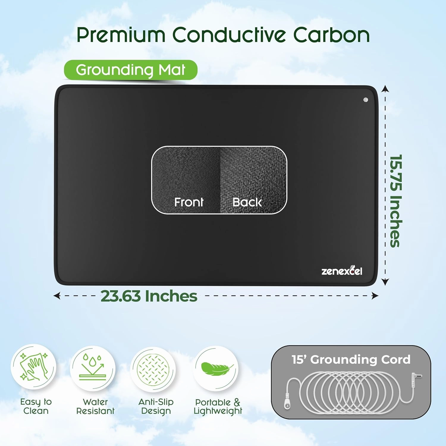Zenexcel Grounding Mat for feet, Sleep, Pain Relief, Energy, Inflammation, 24"x16" Earthing Mat | Earth Therapy for Balance & Wellness Grounding at Home, Office, Work, 15-Foot Cord, Conductive Carbon