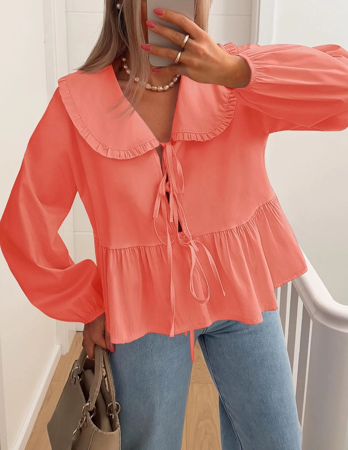 ZESICA Women's Tie Front Peplum Tops Long Puff Sleeve Lapel Collar Cute Babydoll Blouses Shirts