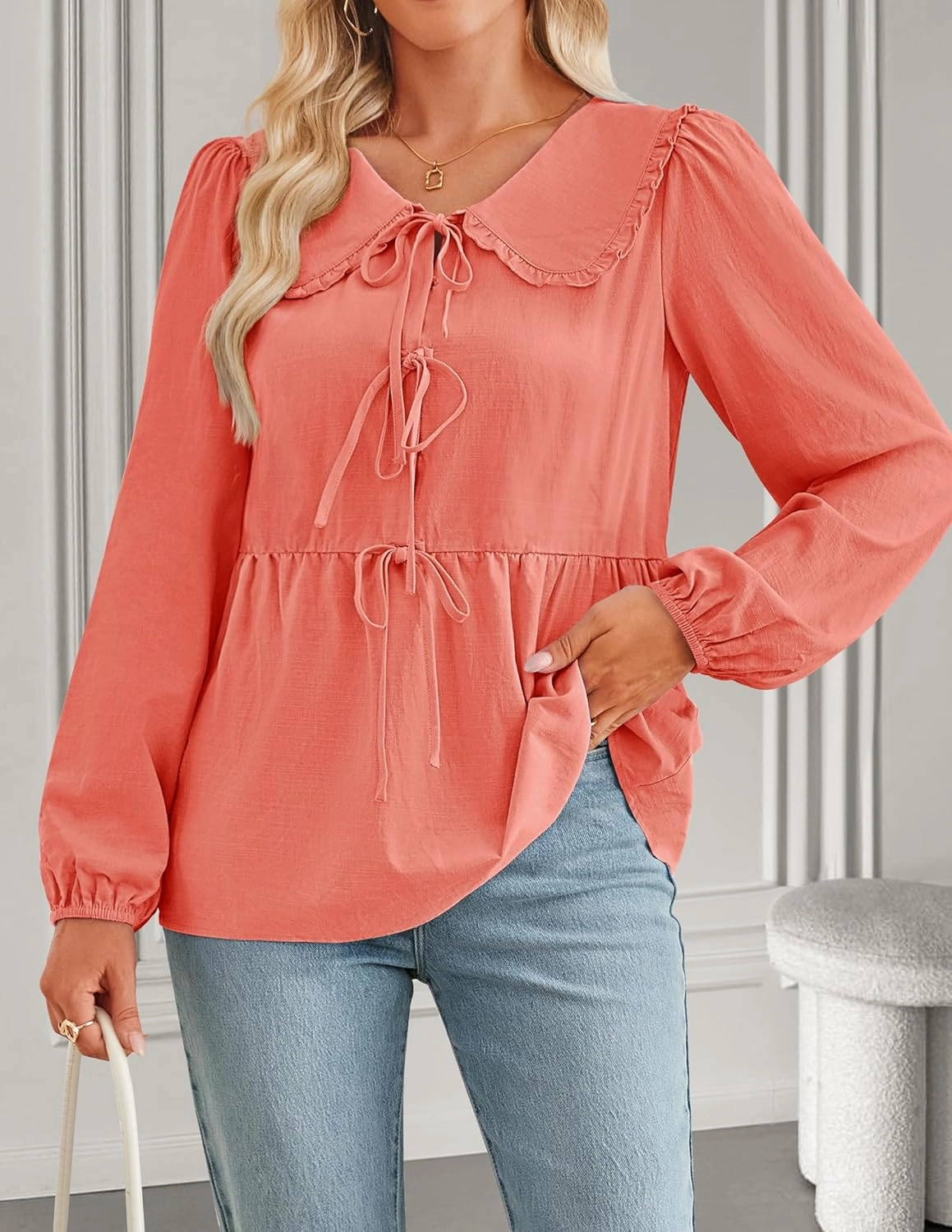 ZESICA Women's Tie Front Peplum Tops Long Puff Sleeve Lapel Collar Cute Babydoll Blouses Shirts