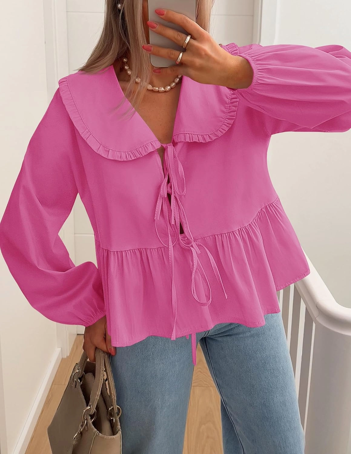 ZESICA Women's Tie Front Peplum Tops Long Puff Sleeve Lapel Collar Cute Babydoll Blouses Shirts