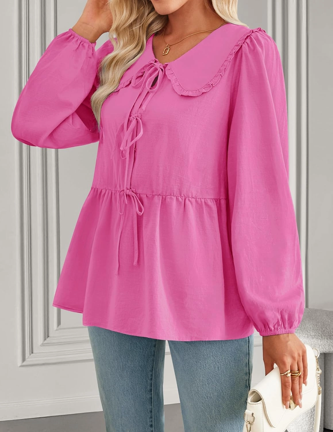 ZESICA Women's Tie Front Peplum Tops Long Puff Sleeve Lapel Collar Cute Babydoll Blouses Shirts